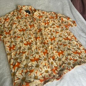 Massive Daisy Print Button Down Shirt Orange Short Sleeve